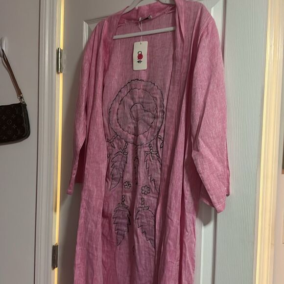 Pink Linen Kimono - Embroidered NWT - Open Pink Dream Catcher - One Size - Picture 4 of 4